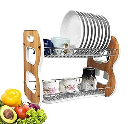 Eqons 2-Tier Dish Rack and Drain Board, Kitchen Chrome Cup Basket Dish Drying Rack Tray Cutlery Dish Drainer (Brown)