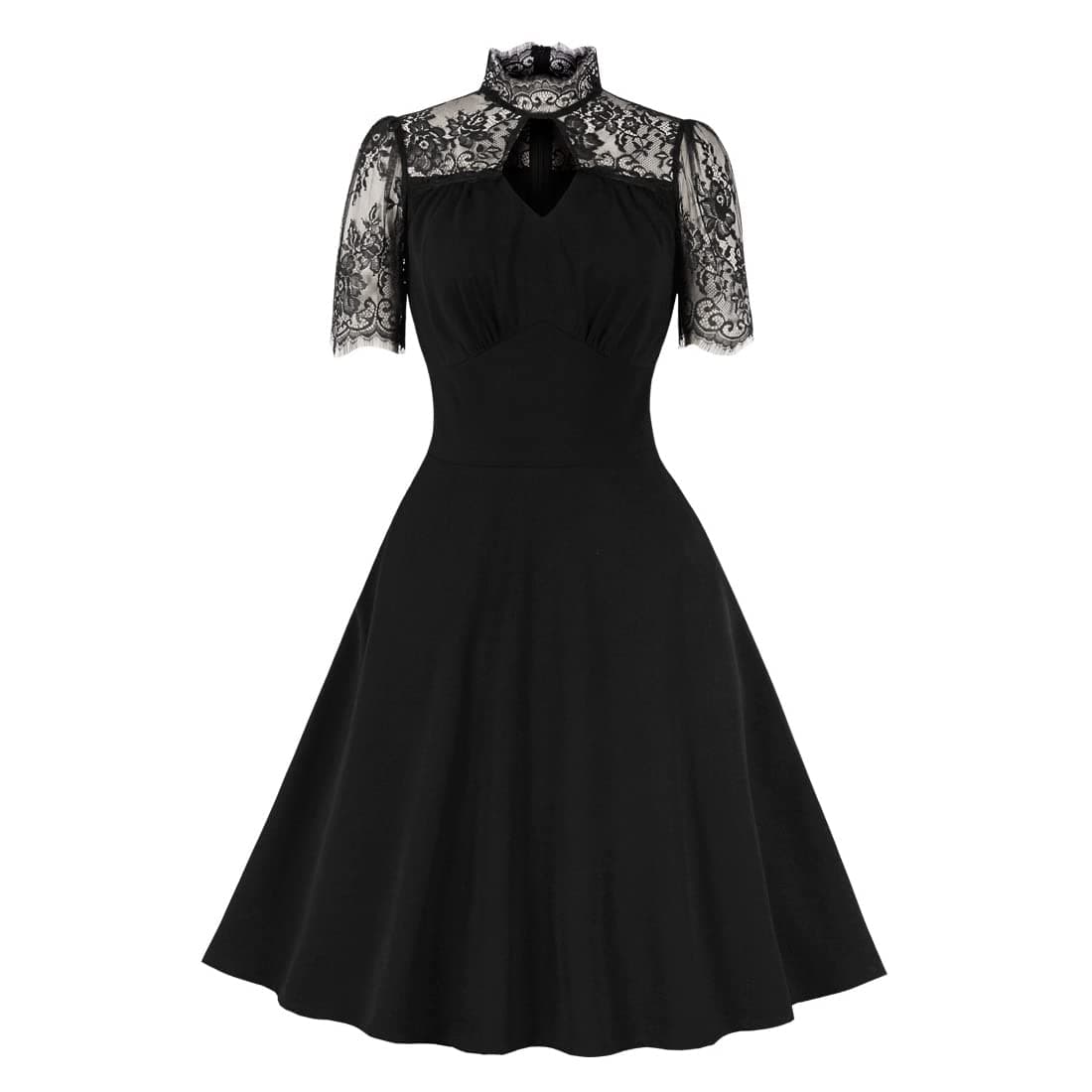 WellwitsWellwits Women's Mock Neck Diamond Cutout Pleated Front 1940s Vintage Dress, Black Lace, 18
