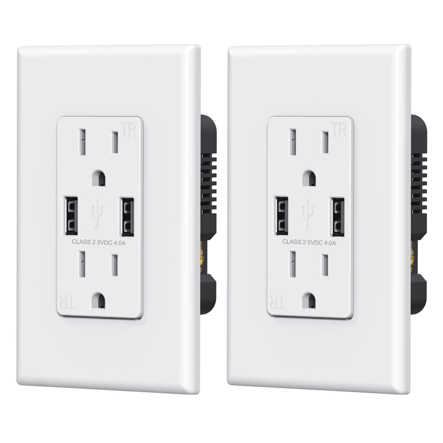 ELEGRP USB Wall Outlet - Dual 4.0A USB Ports, 15A Tamper Resistant Receptacle, Wall Plate Included, UL Listed (2 Pack, Glossy White)