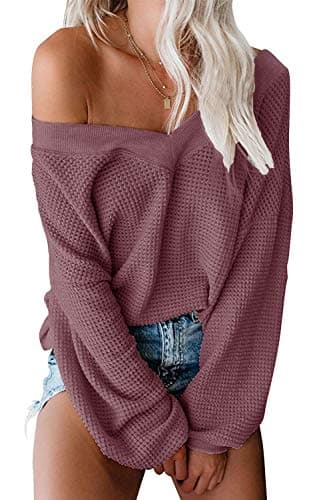 ReachMeWomens Oversized Off The Shoulder Tops Long Sleeve Waffle Knit Shirt V Neck Pullover Sweater
