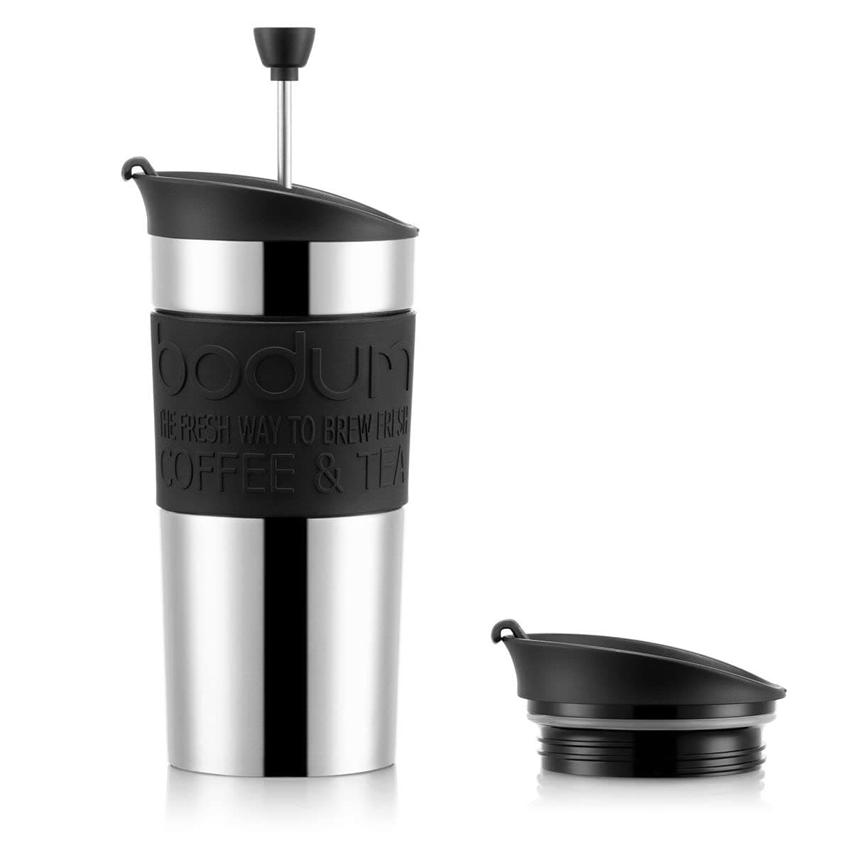 Travel French Press Coffee Maker Set, Stainless Steel with Extra Lid, Vacuum, 0.35 L/12 oz, Black