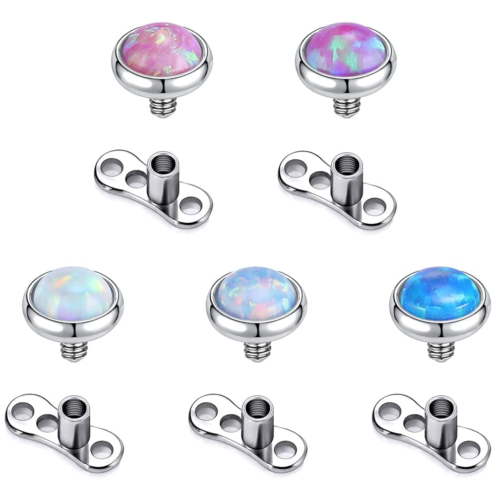 10pc 316L Surgical Steel Opal Dermal Piercing Kit - Gold Internally Threaded Dermal Anchor Tops