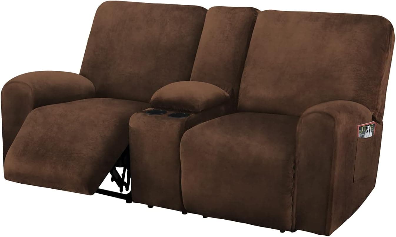 ULTICOR Reclining Love Seat with Middle Console Slipcover, 8-Piece Velvet Stretch 2 seat Loveseat Recliner Cover, Thick Soft, Washable (Chocolate)