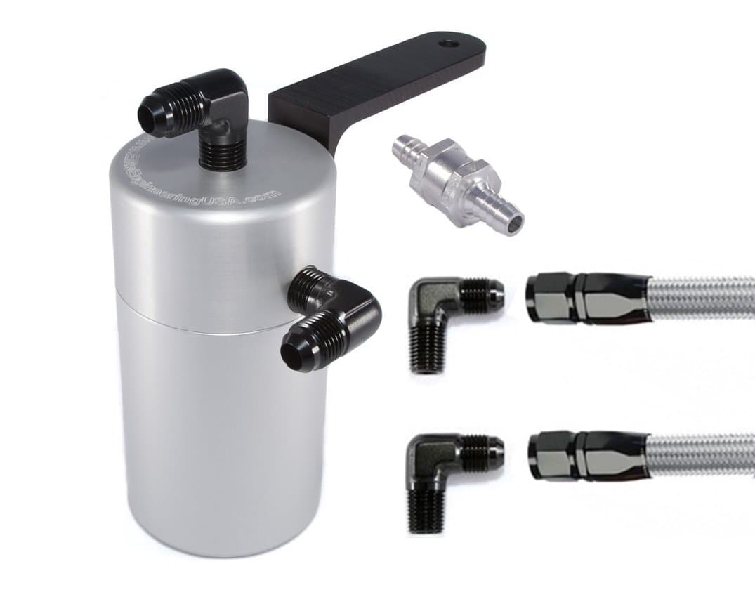 Elite Engineering Standard PCV Oil Catch Can & Hardware with Black AN Fittings, Check Valve & Clamps for 2006+ Dodge Hemi 5.7L - CLEAR
