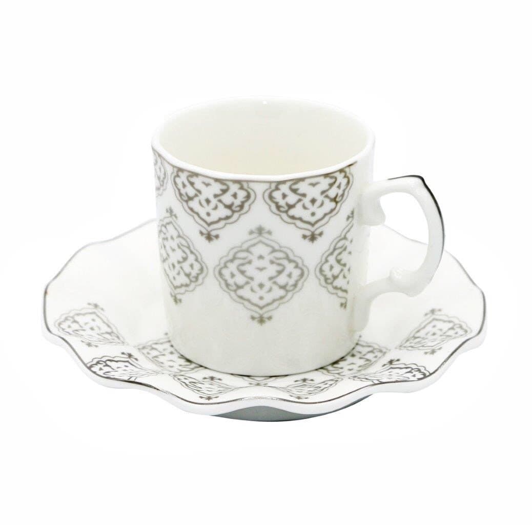 Porcelain Bone China Espresso Turkish Coffee Set of 6 Demitasse Cups + Saucers (Silver Ombre)