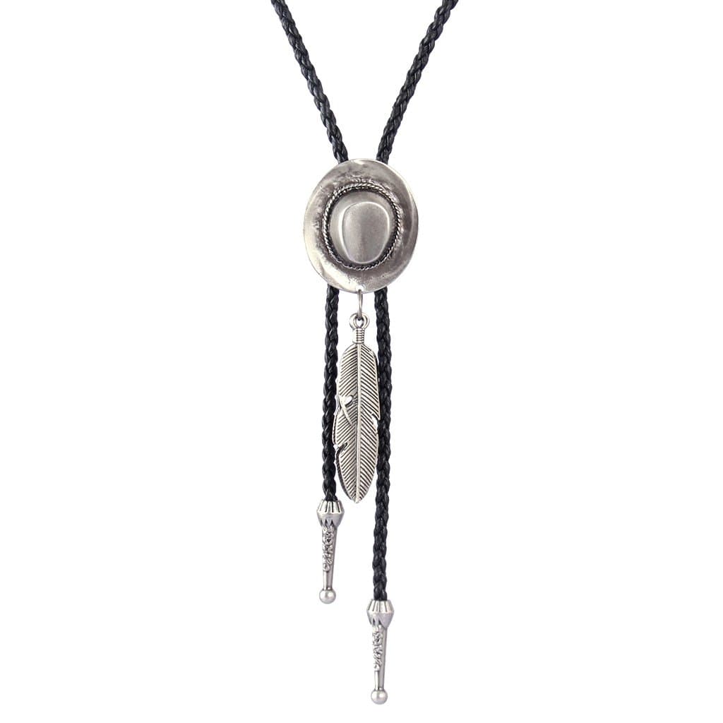 Western Black Bolo Tie for Men and Women Feather Hat Pendant,Native American Leather Bolo Tie String
