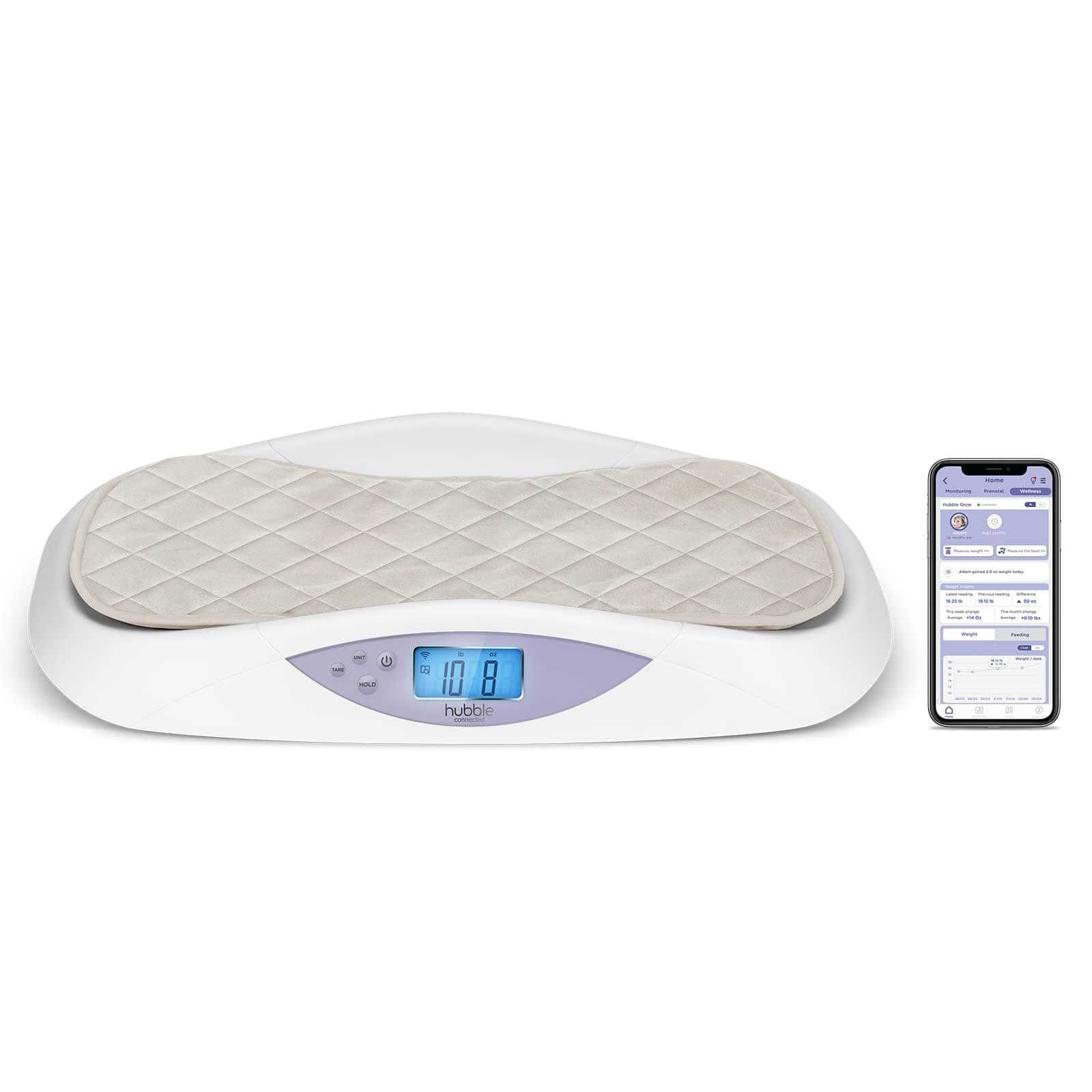 Hubble Connected Grow Smart Digital Baby Weighing Scale for Newborn Babies & Infants, Large LCD Display, Soft Changing Pad, 4-Sensor Technology, Tare & Hold Function