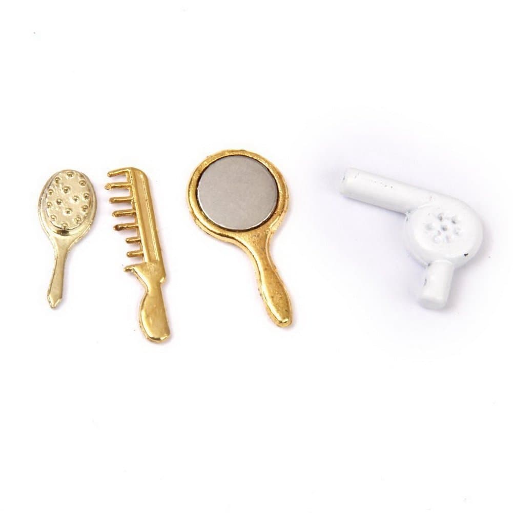 SUOSI Dollhouse Miniature Comb Mirror Hair Dryer Sets Make-up Accessory for Dolls White Gold 4 Pcs