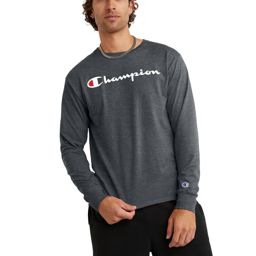 Champion mens Champion Men's Classic Long Sleeve Tee, Screen Print Script T-Shirt