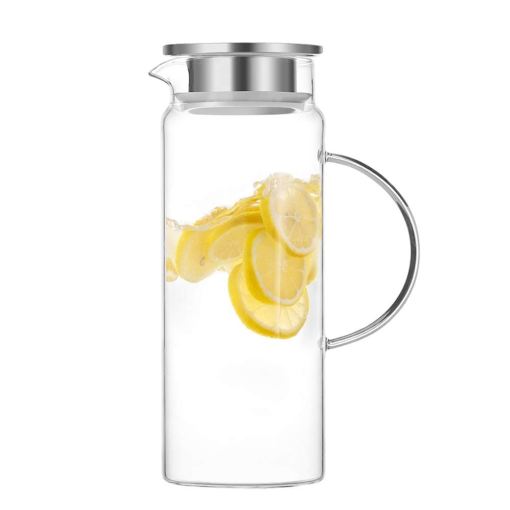 SIXAQUAE Pitcher Glass Water Pot Kettle Stainless Steel Lid Large Juice Ice Tea (48OZ)…