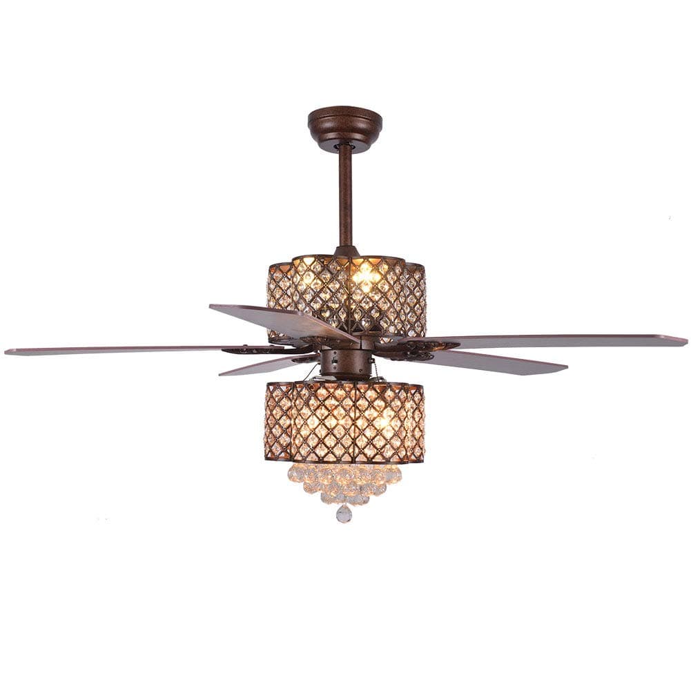 WUPYI Crystal Chandelier Ceiling Fan with Light Kit,52 Inch Creative Design Ceiling Light Fan 5 Wood Reversible Blades with Remote Control 3 Speeds