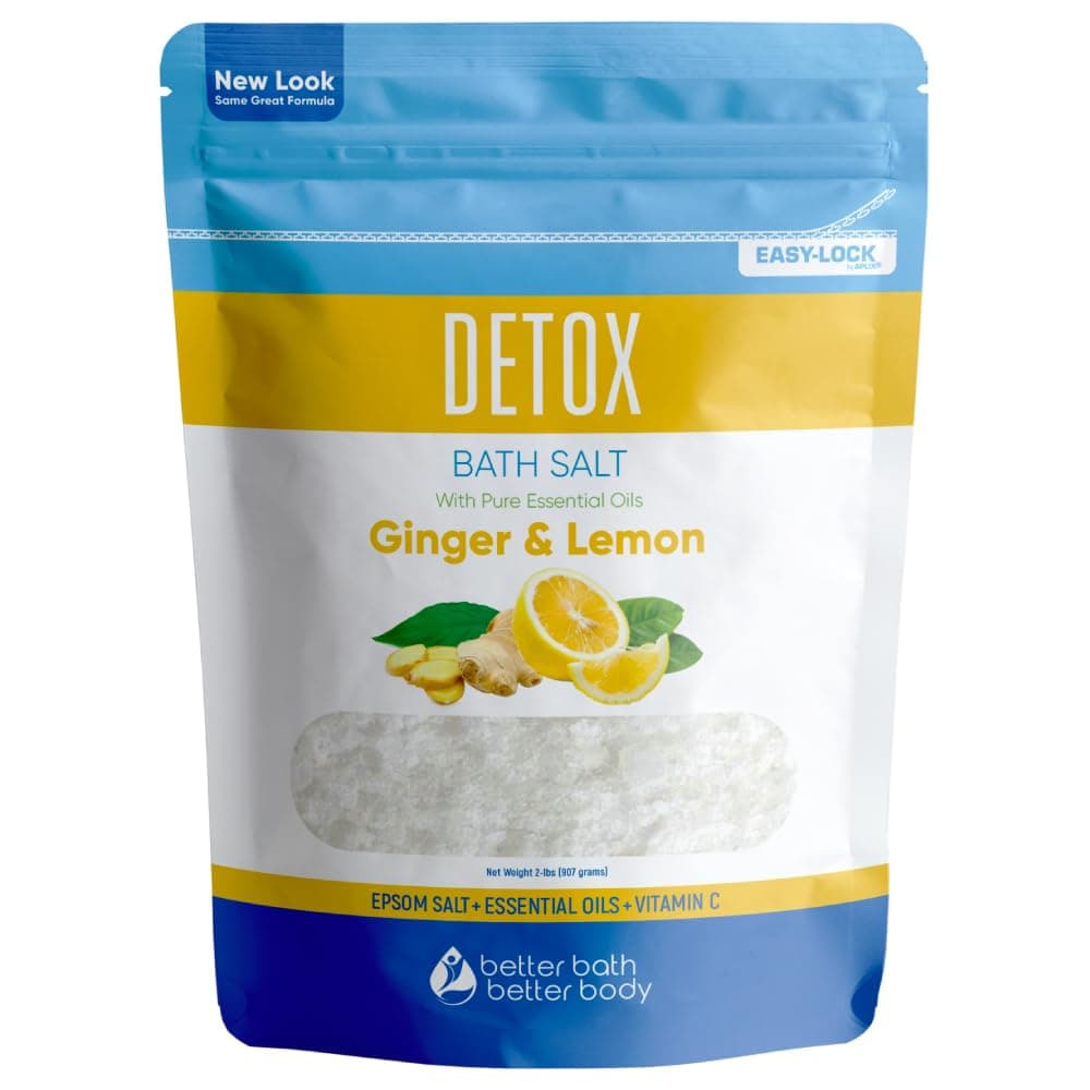 Detox Bath Salt 32 Ounces (2 Lbs) USP Grade Epsom Salt with Natural Ginger and Lemon Essential Oils Plus Vitamin C in BPA Free Pouch with Easy Press Lock Seal Made in USA