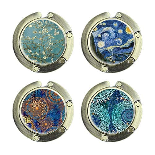 Cheliz Foldable Purse Hook Set of 4 - Hanger Folding Table Hanger Holder Womens Bag Storage (4-Van Gogh Flower)