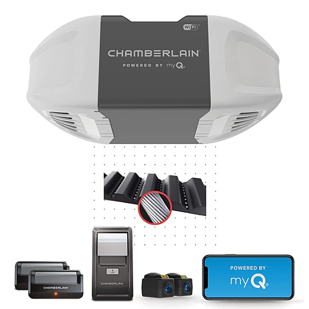 CHAMBERLAIN B2401 - Abridor de puerta de cochera inteligente y silencioso, color gris