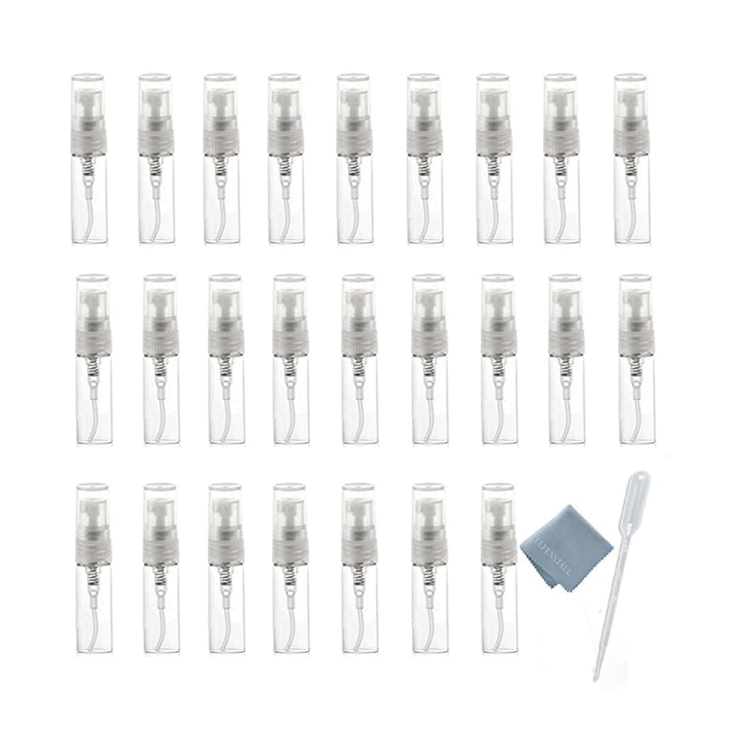 Elfenstal- 25pcs Mini Clear 3ml Fine Mist Atomizer Glass Bottle Spray Refillable Perfume Empty Bottle Glass Clean Cloth for Travel Party Portable Makeup Tool