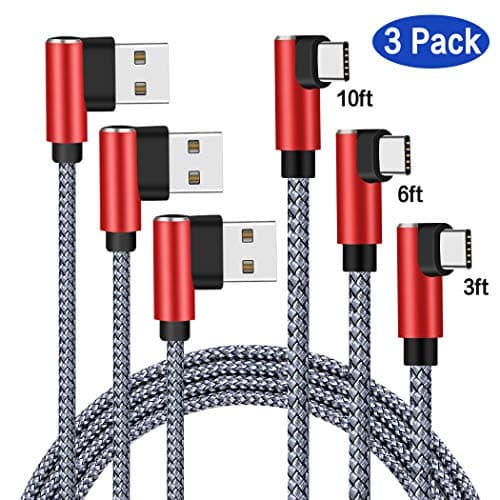 USB Type C Charger Cable 90 Degree 3 Pack 3ft 6ft 10ft Durable Braided for New MacBook 13 15 inch, Google Chromebook Pixel 2 XL, Nexus 5X 6P,Lenovo Yoga 910 720,HP Spectre 360,Elite X2 (Red Grey)