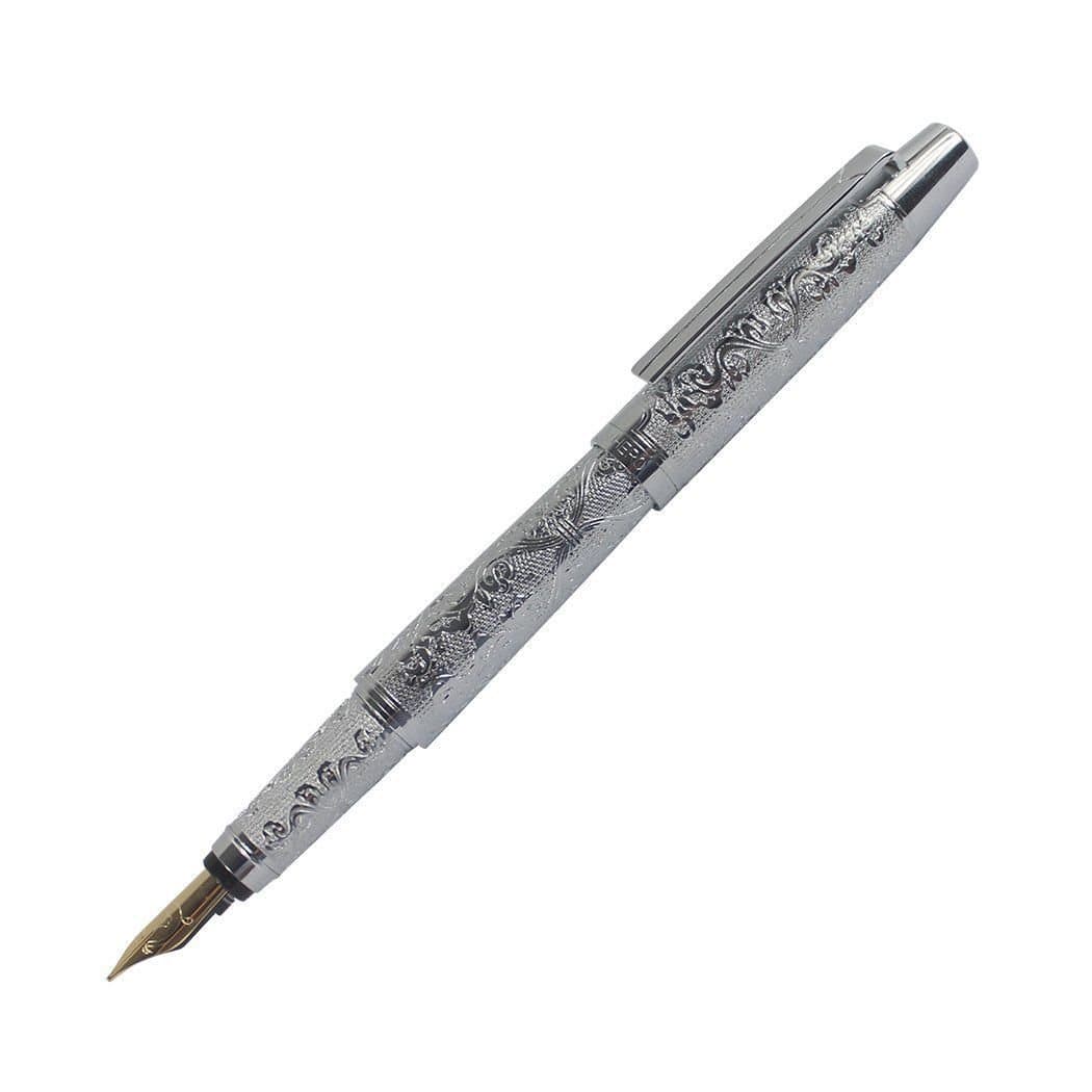 hktandl Hero 103 Silver Flower Embossment Fountain Pen Medium Black Section