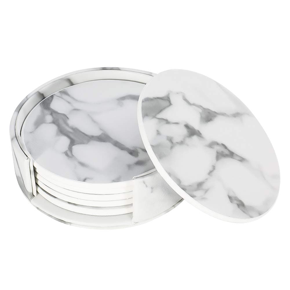 Marble Coasters Set of 6 Coasters with Holder for Drink Marble Placemats White Cup Mats Suitable for Kinds of Cups PU Leather Heat Resistant Tables & Home Decor Round