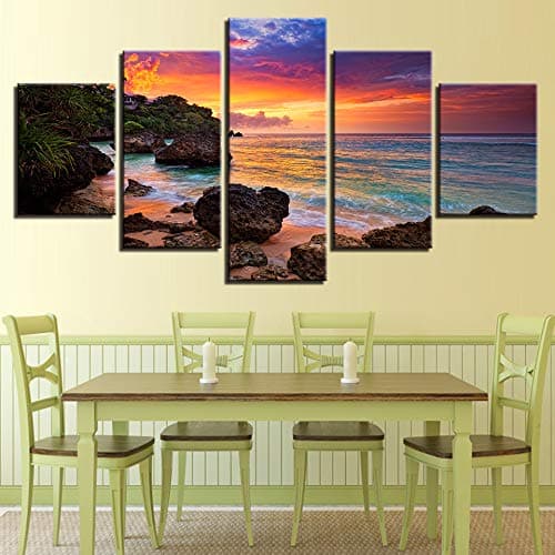 w15Y8 Artwork Canvas Printed Seascape 5 Panel Canvas Decoration Poster Sunset Glow Wall Art Painting Beach Waves Modern 40X60 40X80 40X100Cm No Frame