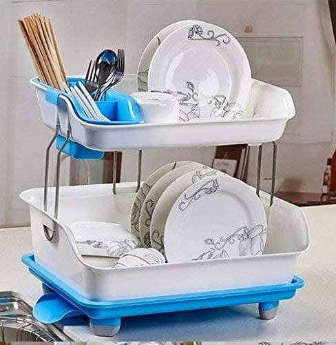 Dhairya Double Layer Sink Dish Plate Drainer Drying Rack Wash Organizer with Tray Utensil Holder Basket for Kitchen (Color May Vary)(Plastic)