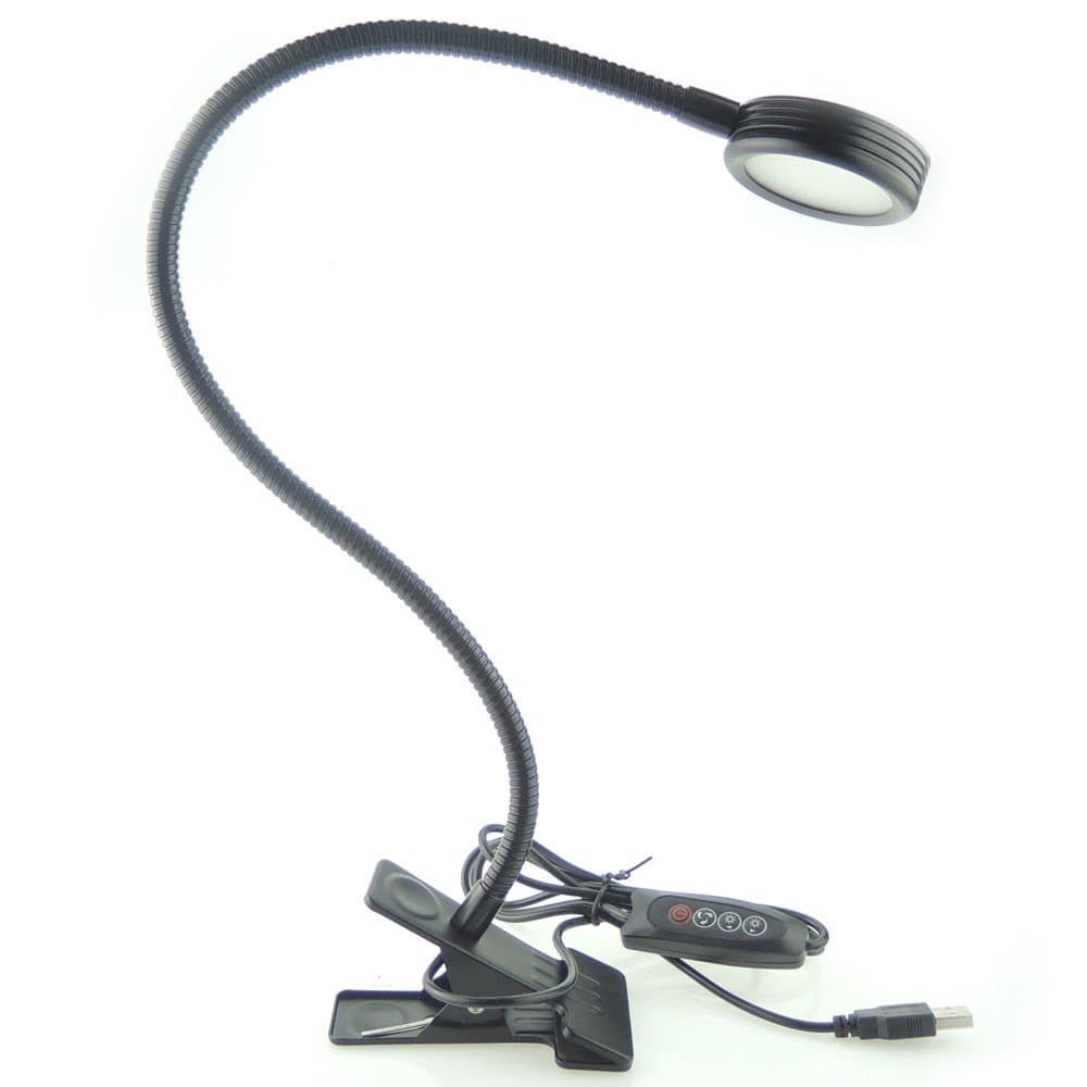 QUANS Dimmable Clip on Clamp LED Gooseneck Desk Light Lamp, Clip-on 3 Color Changeable Reading Lights, C-Clamp Nightlight, USB Port, 3 Color Temperature, Black