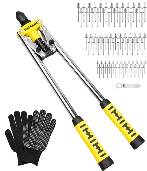 Homdum 17 Inch Heavy Duty Double Handle Rivet Gun With Pop Rivets, Hand Pull Riveter Nail Gun with 60 Nos Blind Rivet and Gloves (425MM)