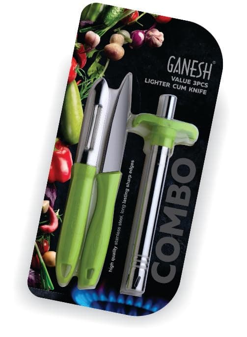 Ganesh Stainless Steel Gas Lighter with Knife & Peeler, 3-Piece, Colour May Vary Colour