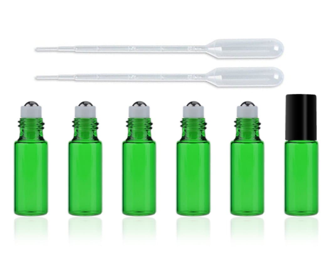 5ml(1/6oz) Amber Blue Green Red Purple Frosted Glass Roller Refillable Bottles With Stainless Steel Roller Ball for Essential Oil with 2x1ml Dropper(6 Pack) (Green)