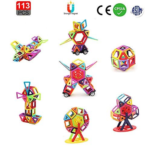 letsgood Magnetic Tiles Building Blocks Set - 113 PCS Preschool STEM Early Educational Construction Toys for Kids Boys Girls