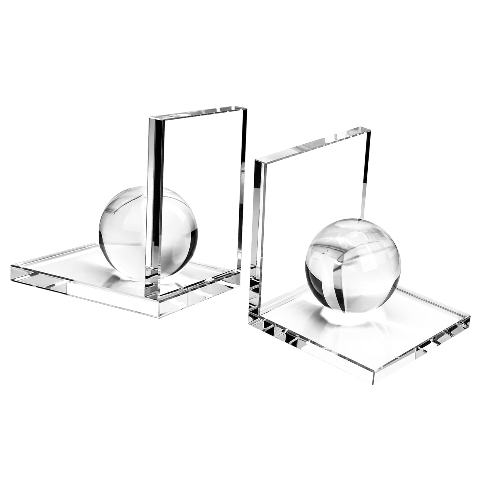 MerryNine Crystal Book Ends with Crystal Ball, 2 Pcs Clear L Shape Non Skid Sturdy Crystal Decorative Bookends for Heavy Books, Bookshelf, Office, School Library, Decorative Ornaments