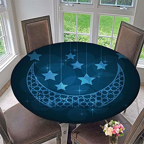 Homenon New Decorative Elastic Edged Round Tablecloth Ramadan Greeting Card On Blue Background Washable Table Cloth Dinner Kitchen Home Decor