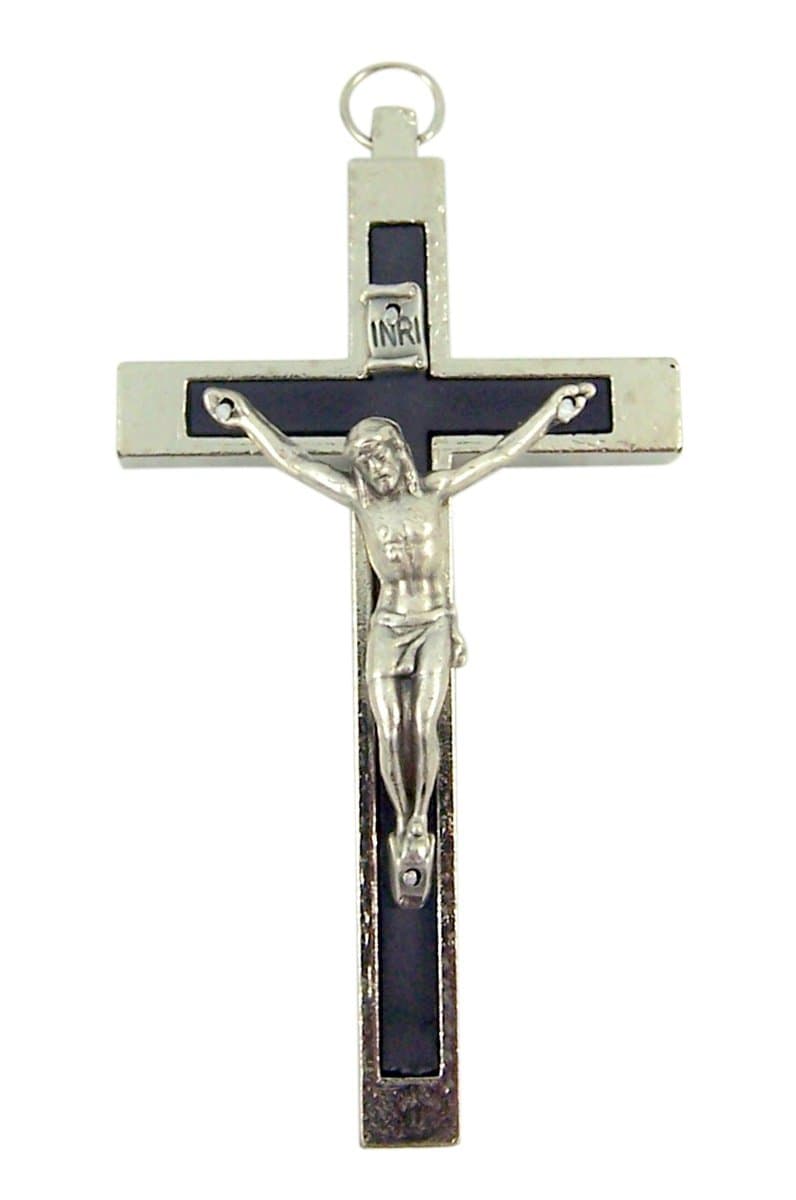 Silver Toned Catholic Cross Crucifix with Black Inlay, 2 3/4 Inch