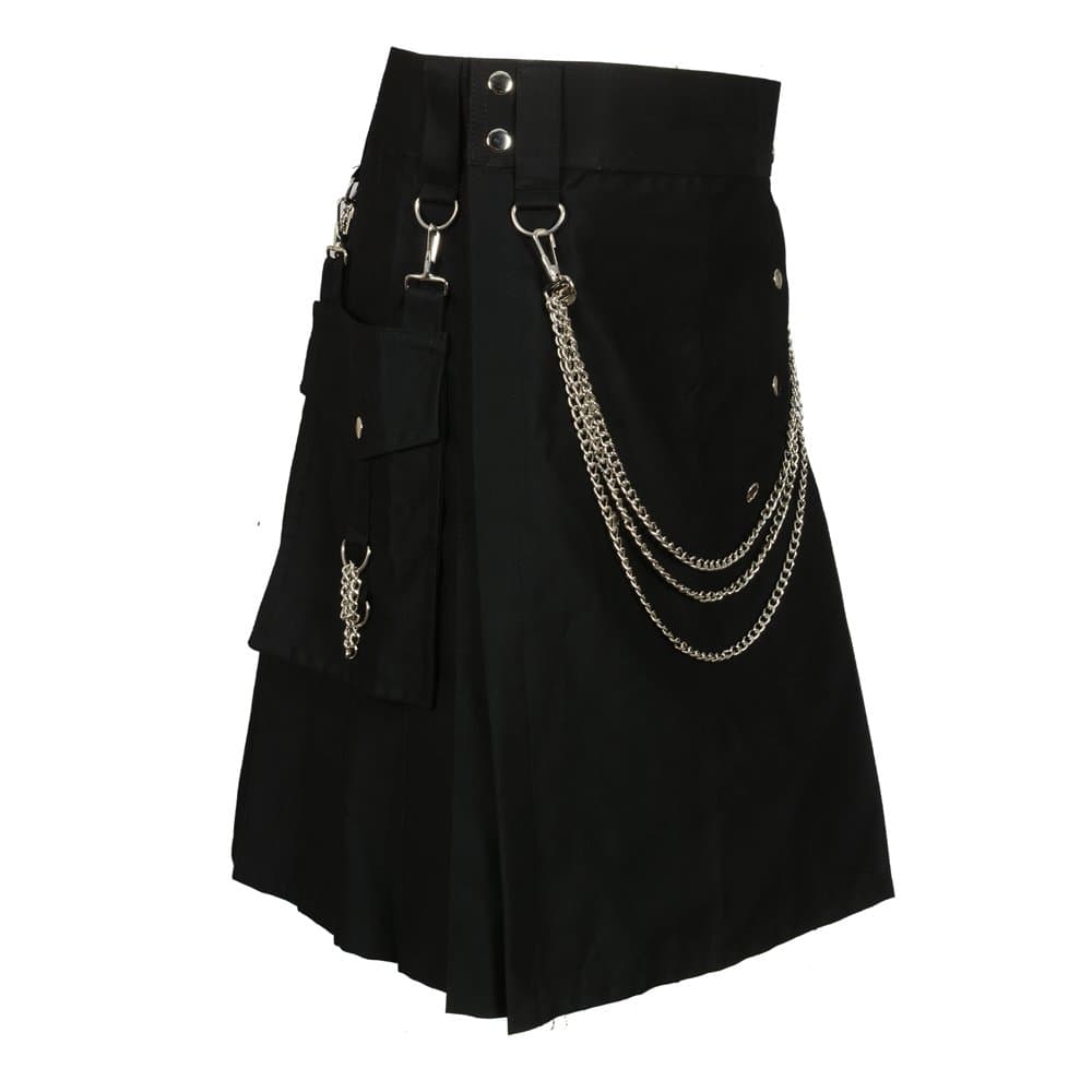 Men's Black Scottish Kilt with Silver Chains