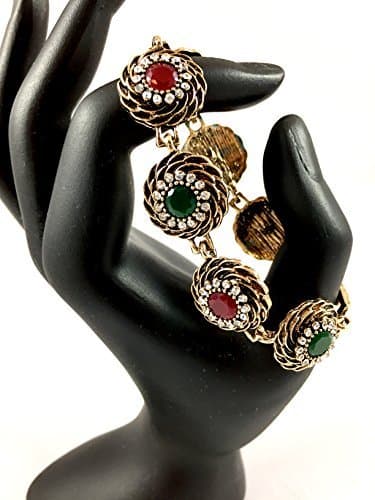 Turkish Vintage Inspired Bohemian Ethnic Red/Green Stones Carved Statement Bracelet