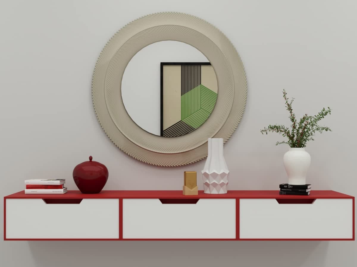 vudy Exclusively Launched Engineered Wood Wall Shelf with Drawer for Living Room Storage & Home Decorative Items with 3 Drawers Wall Mounted Cabinet Style Decorative Shelves Pack of 1 (Red & White)