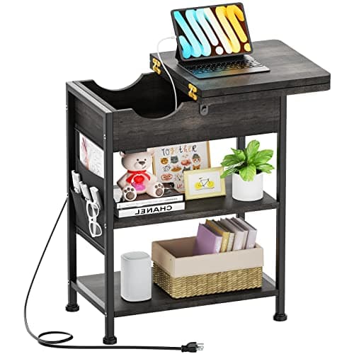 Small End Table with Charging Station - Side Table with USB Ports and outlets with Storage Gray-Black Narrow Night Stand Bedroom Side Tables Living Room