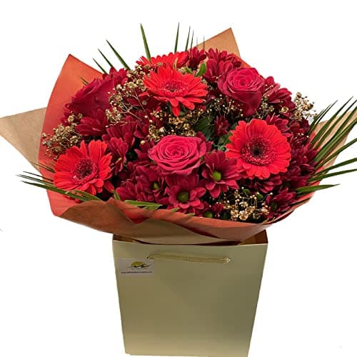Merry Christmas Bouquet Fresh Red Roses Gerberas Chrysanthemums - Gypsophila in Card Vase Box for Delivery – Festive Floral Arrangement for New Year, Celebration and Gifting