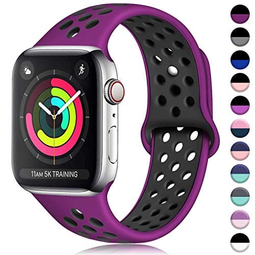 ilopee Sport Band Compatible with Apple Watch Series 5 40mm, Breathable Waterproof Wristbands Strap with Holes for iWatch 38mm Womens Men Series 3 2 1, Pulm/Black, S/M…