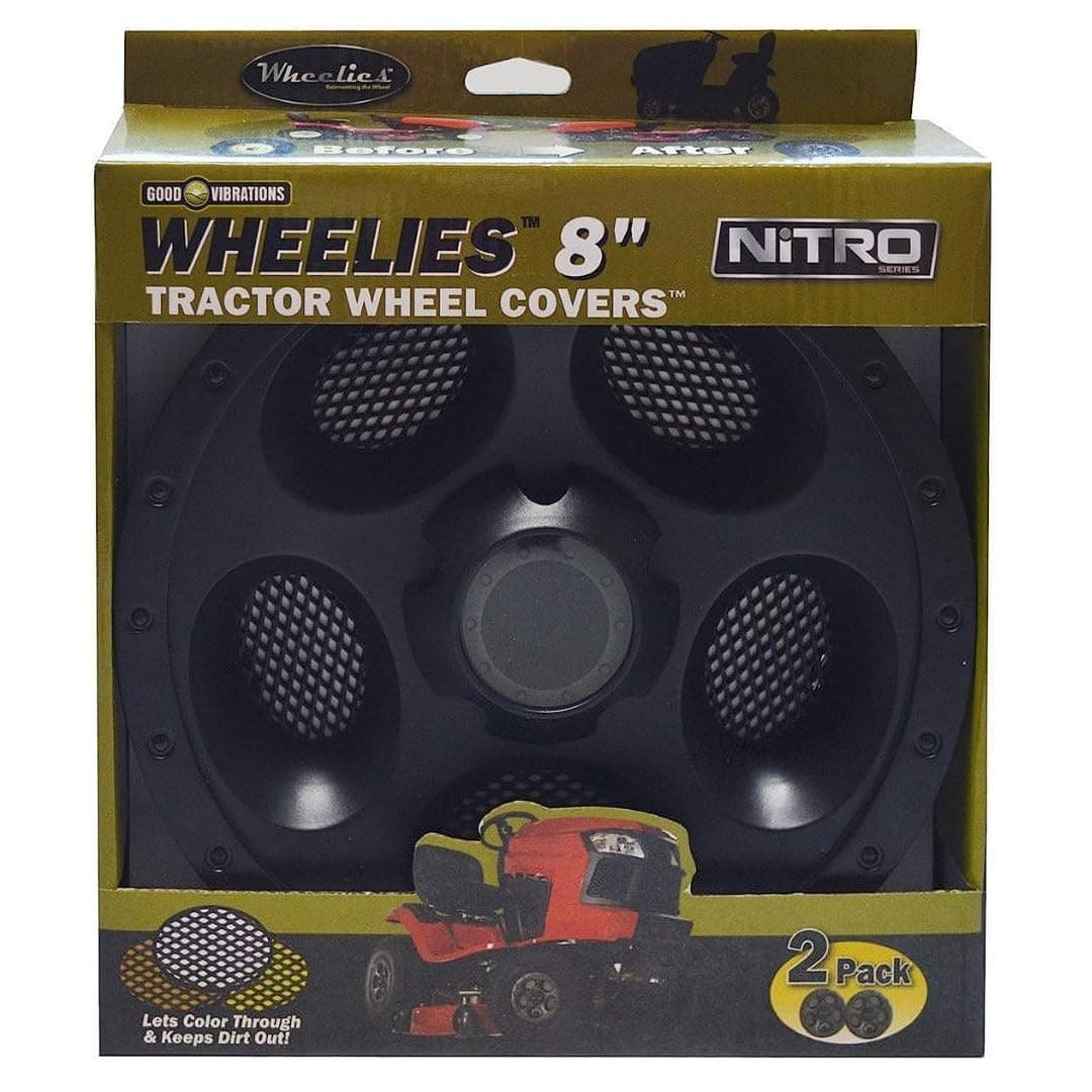 Good Vibrations Wheelies Nitro Series - Riding Lawn Mower Tractor & Golf Cart Wheel Covers - Snap Fit to The Rim - 8 inch Diameter (Black) / 2pk
