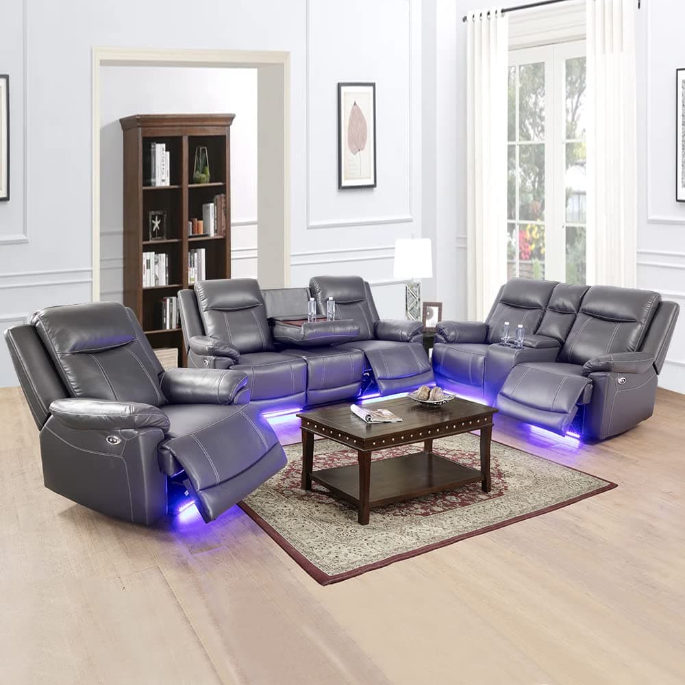 Power Reclining Sofa Set with LED Lights Breathable Leather Living Room Furniture with USB Port/Storage Console/Cup Holders 3 Pieces Home Theater Set (Dark Grey)