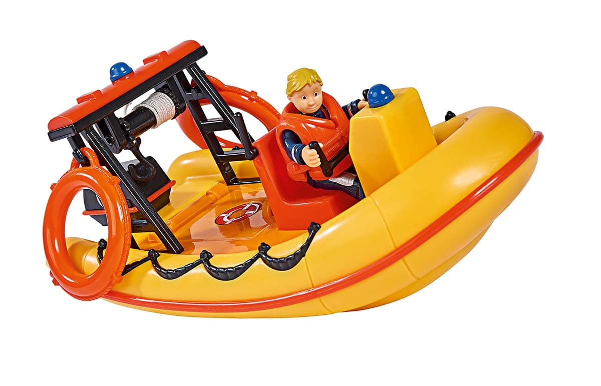109251047 Fireman Sam Neptune Boat with Penny Figure in Diving Outfit, with Secret Compartment and Mechanical Winch, Floats on Water, 20 cm, for Children from 3 Years