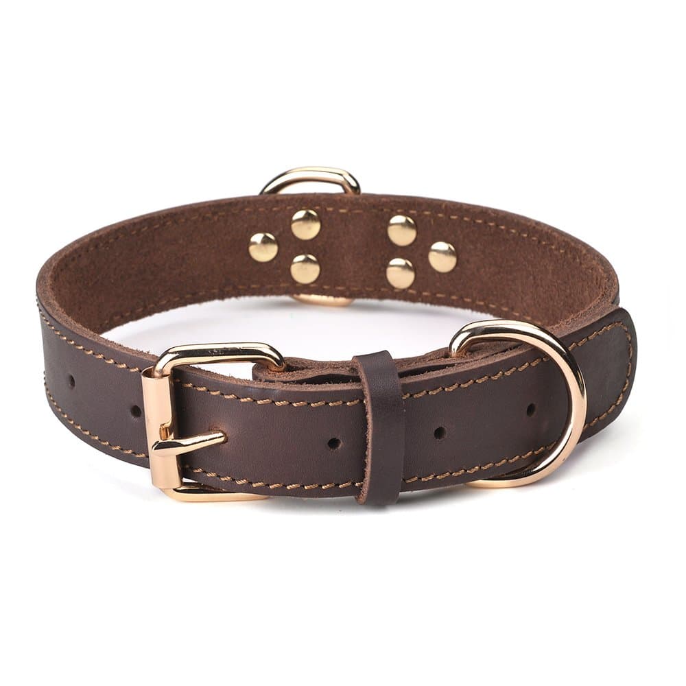 Genuine Leather Dog Collar, Heavy Duty Wide Dog Collar for Small, Medium,Large and Extra Large Dog (M: 1" Wide for 15.2"-19.2" Neck, Single Stitch - Brown)