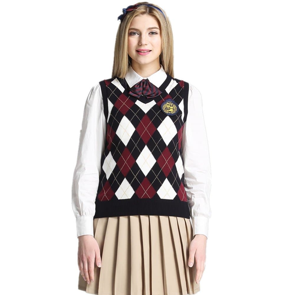 Etongenius red Cotton v Neck Argyle Knit Sweater Vest for Women and Girls
