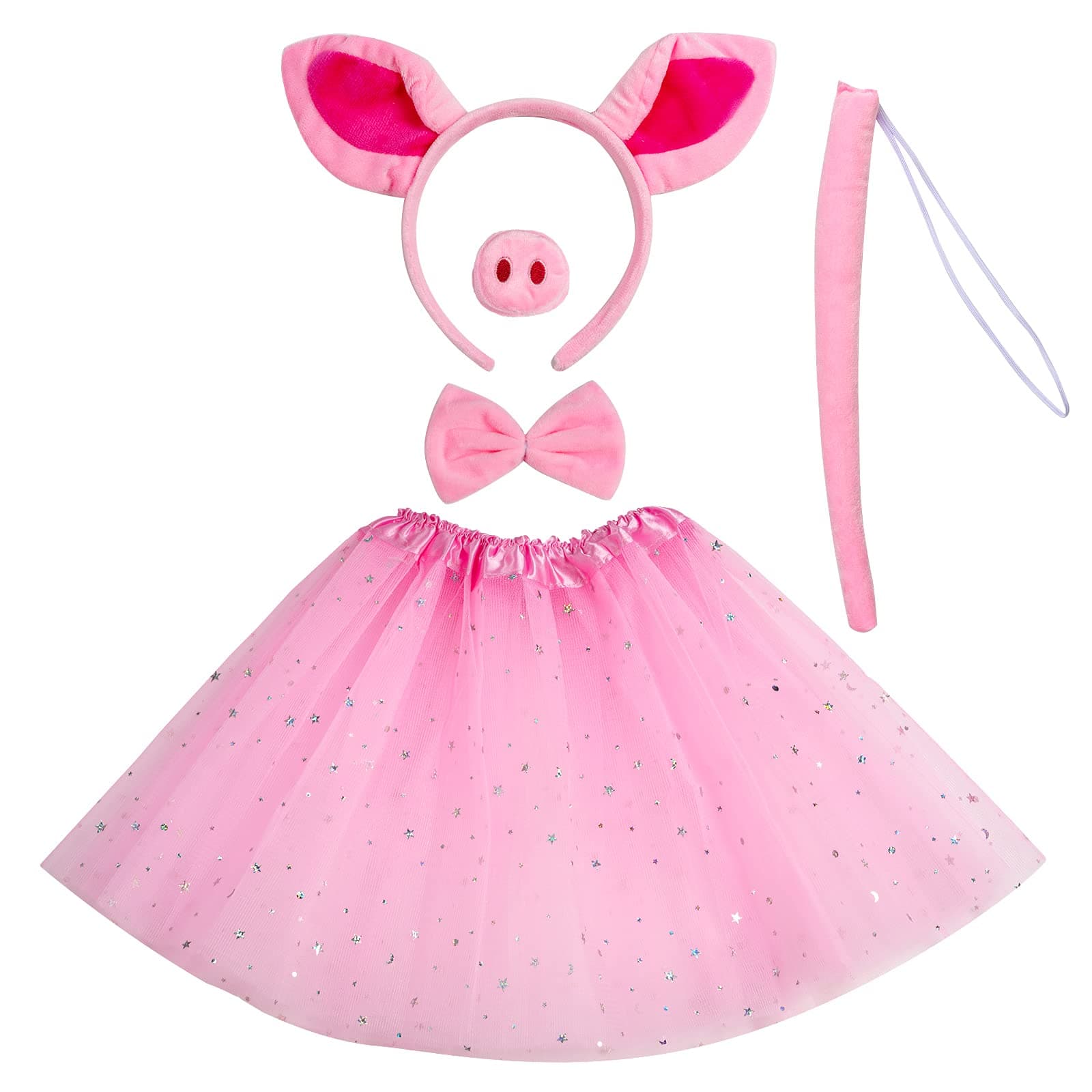 Kids Animal Fancy Pig Costume Set Pink Pig Ears Headband Nose Tail Bow Tie Tutu Skirt for Christmas Halloween Dress Up Cosplay Party