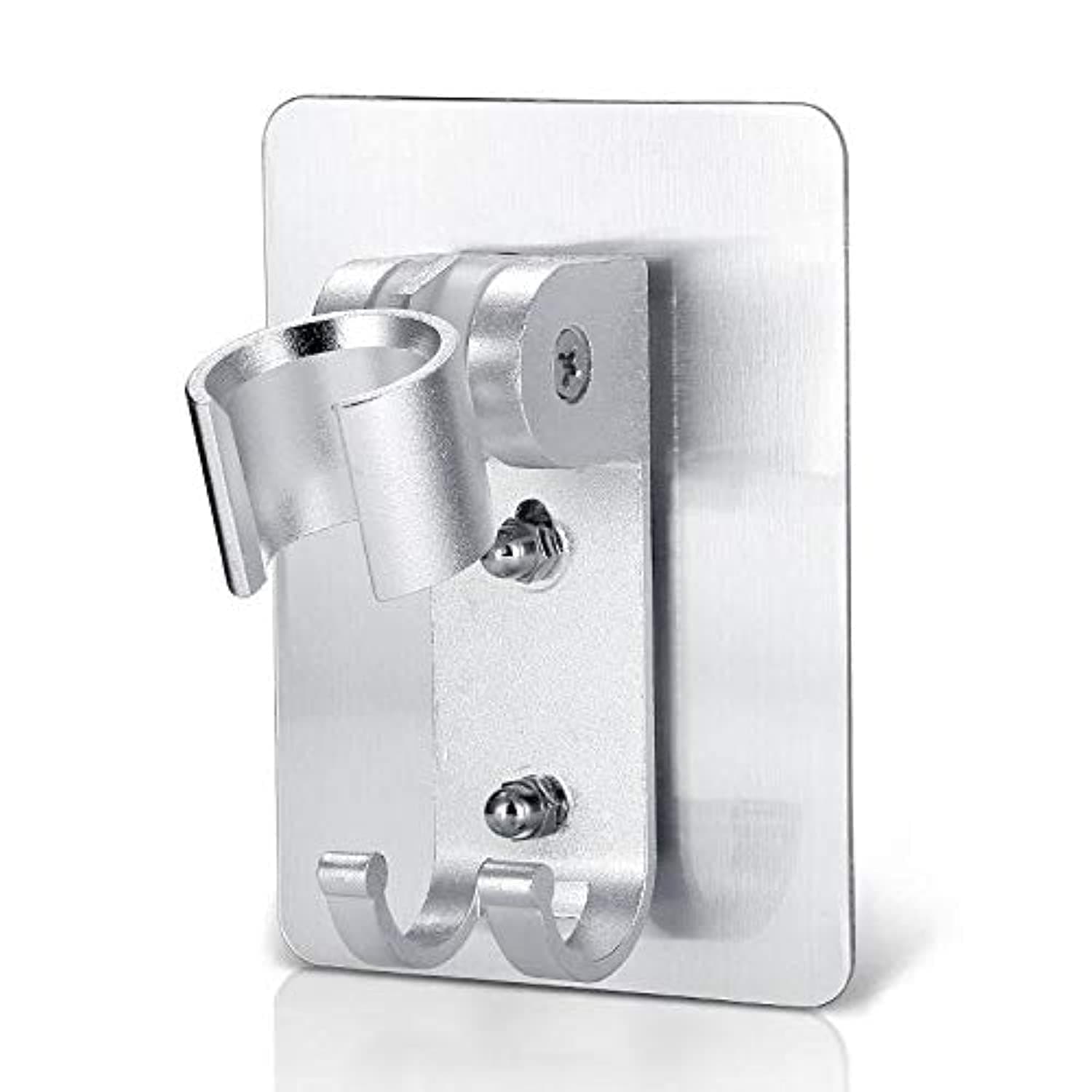 Adjustable shower head holder wall mount bracket with 2 hanger Hooks, Aluminum,Super Heavy Duty, strong adhesive for Bathroom,No-Damage Hanging Strips, Space Aluminum
