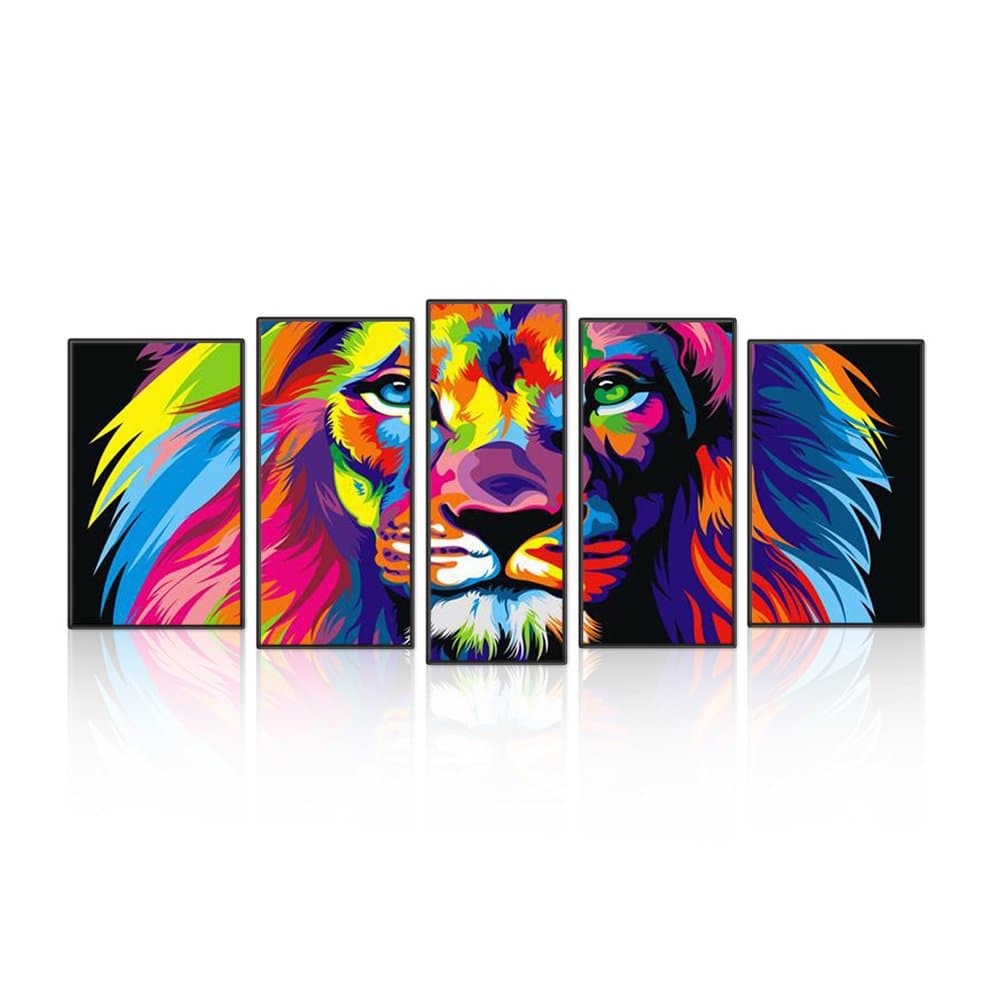 Chenxi Global 5 Pcs Framed Melamine Foam Sponge Board Canvas Material Oil Painting Lion Pattern Wall Art Prints for Living Room Home Decoration (12x16inchx2pcs+12x20inchx2pcs+12x28inchx1pcs)