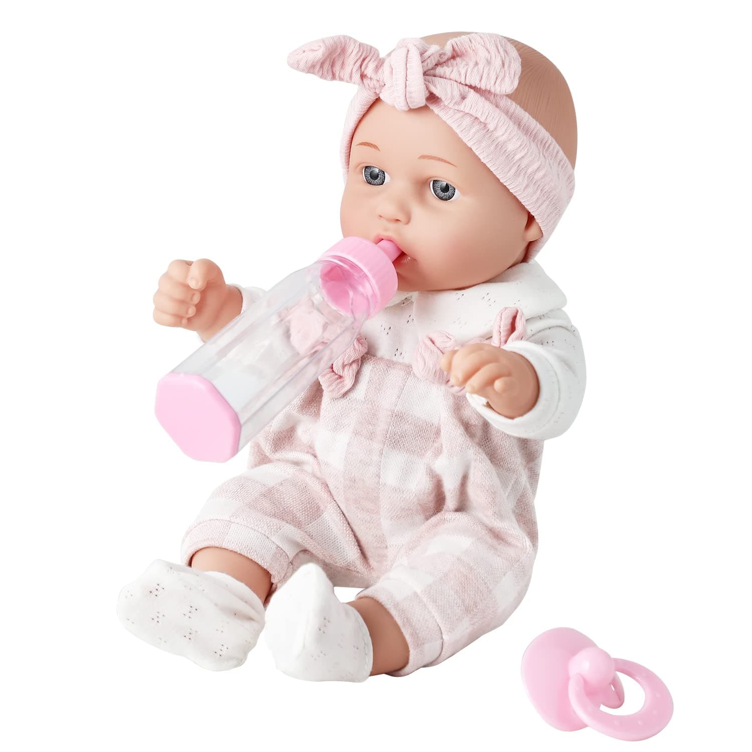 12'' Soft Baby Doll in Gift Box with Pink Cloths, Pacifier, 13''x13'' Soft Microfabric Blanket, and Feeding Bottle