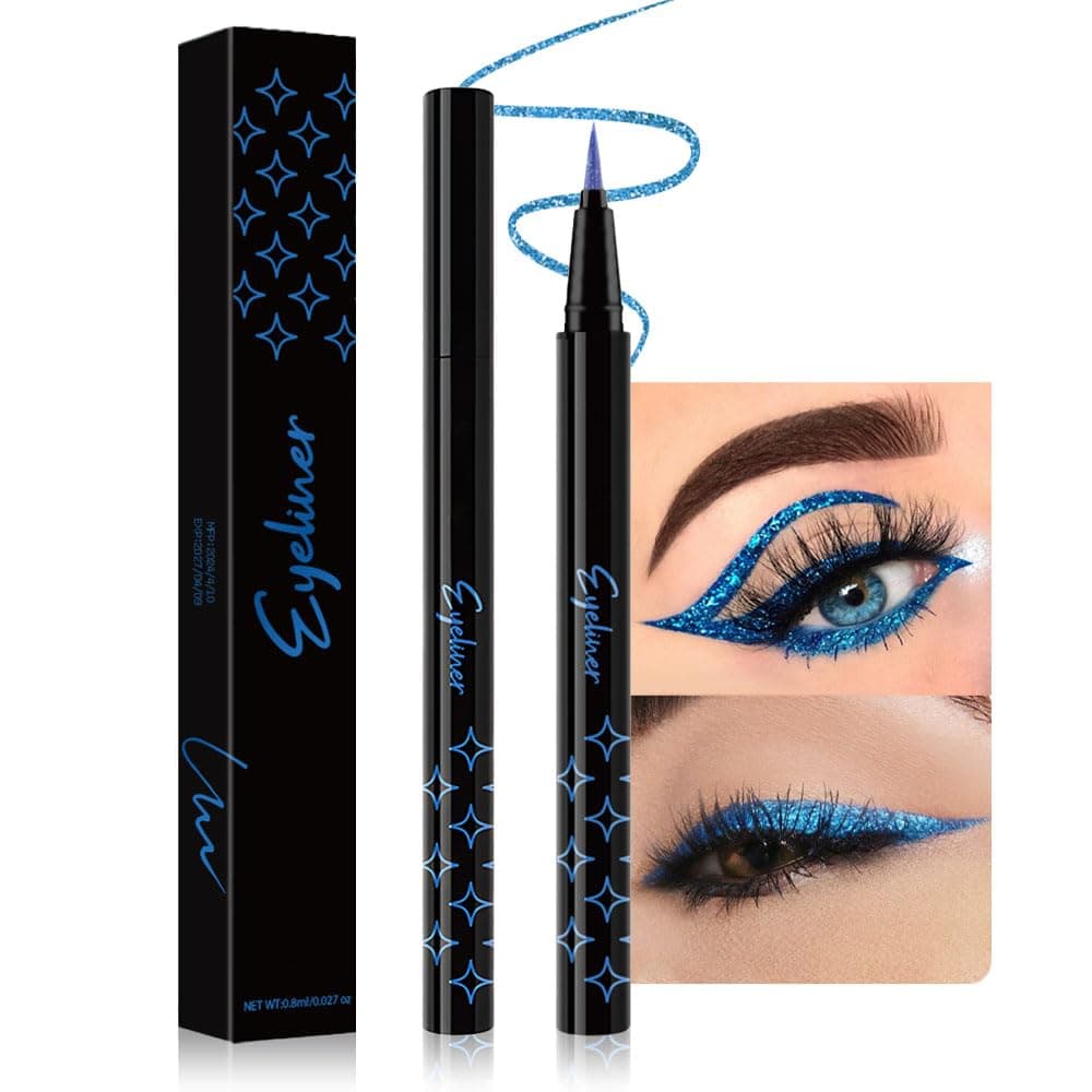 evpct1Pcs Royal Blue Glitter Liquid Eyeliner Makeup, Light Blue Metallic Shimmer Eyeliner Liquid Eye Liner Eyeshadow Pencil Face Gems Glitter Facepaint Makeup, Blue Eyelashes Mascara hair Accessories