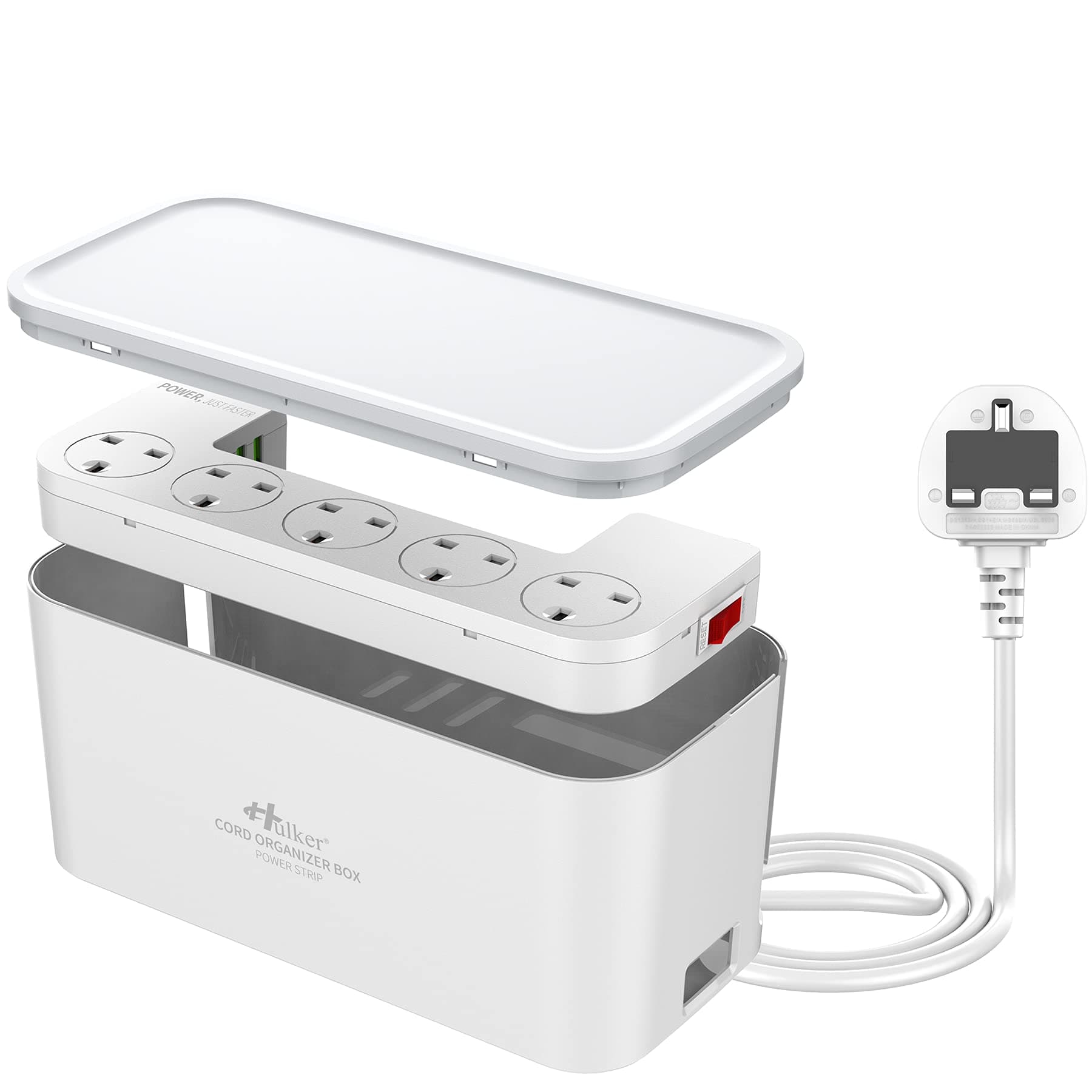 Extension Lead with USB Slots 5 Way Outlets 3 USB Ports Tidy Socket Extension with Overload Protection 3250W 13A Cord 2M Power Strip Cable Management Box White