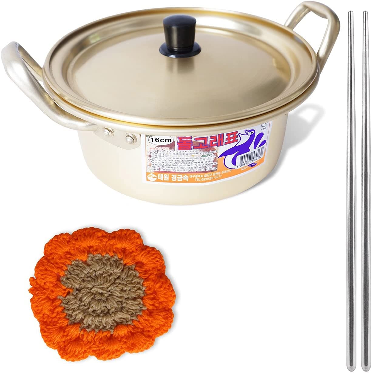 Korean Ramen Noodle Pot 6.3"(16cm) + Chopstick (1 Pair) + Dish scrubber, Made in Korea (Standard version)